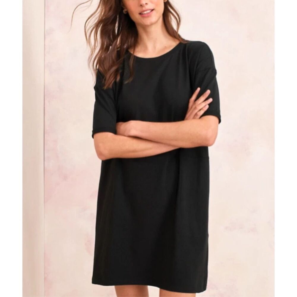 Eileen Fisher Organic Cotton Jersey Round Neck Dress Black Womens Medium NEW